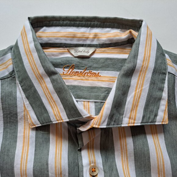 NEW Stenstroms Striped Green Orange Button Down Linen Cotton Dress Shirt Size L - Picture 10 of 16